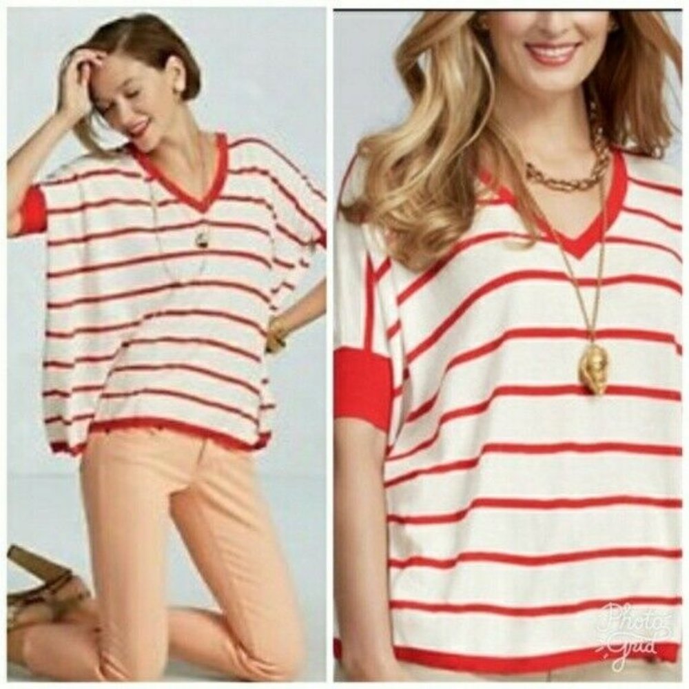 CAbi red and white striped dolman sleeve knit top